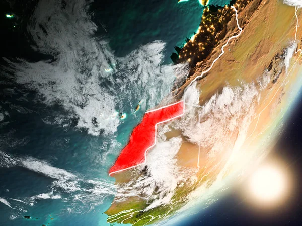 Batı Sahra son derece detaylı yüzey dokuları ve görünür ülke sınırları ile uzaydan. 3D çizim. Nasa tarafından döşenmiş bu görüntü unsurları.
