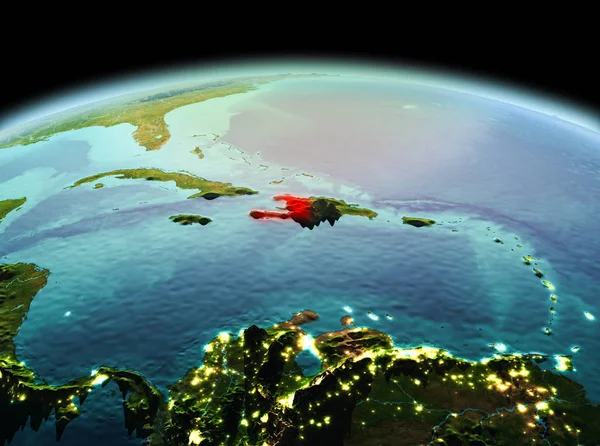 Sabah modeli gezegeninin uzaydaki bir kırmızı vurgulanır Haiti yukarıda. 3D çizim. Nasa tarafından döşenmiş bu görüntü unsurları.