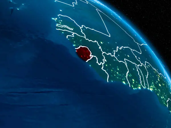 Uydu görüntüsü Sierra Leone sınır çizgileri ve şehir ışıkları ile gece Planet Earth Kırmızı vurgulanır. 3D çizim. Nasa tarafından döşenmiş bu görüntü unsurları.