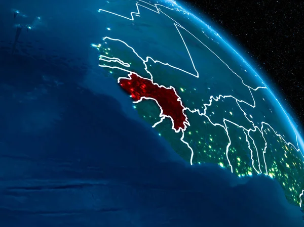 Uydu görünümü, sınır çizgileri ve şehir ışıkları ile gece red Planet Earth vurgulanmış Gine. 3D çizim. Nasa tarafından döşenmiş bu görüntü unsurları.