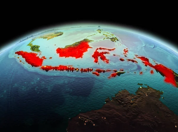 Sabah yukarıda Endonezya modeli gezegeninin uzaydaki bir kırmızı vurgulanır. 3D çizim. Nasa tarafından döşenmiş bu görüntü unsurları.