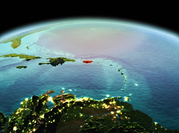 Sabah yukarıda Porto Riko modeli gezegeninin uzaydaki bir kırmızı vurgulanır. 3D çizim. Nasa tarafından döşenmiş bu görüntü unsurları.