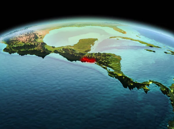 Sabah yukarıda El Salvador modeli gezegeninin uzaydaki bir kırmızı vurgulanır. 3D çizim. Nasa tarafından döşenmiş bu görüntü unsurları.