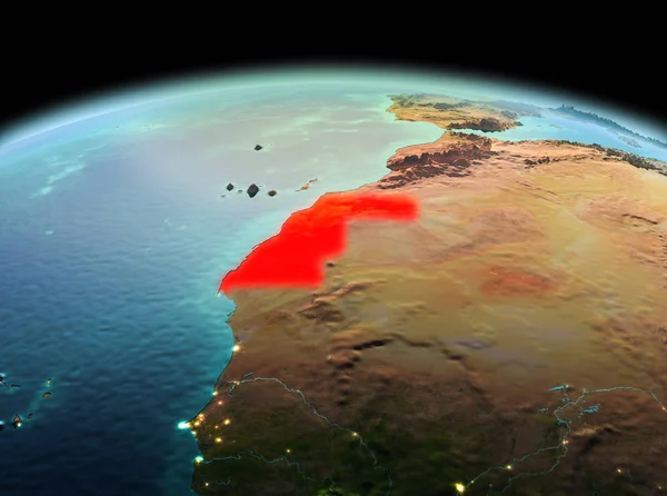 Sabah Batı Sahra modeli gezegeninin uzaydaki bir kırmızı vurgulanır yukarıda. 3D çizim. Nasa tarafından döşenmiş bu görüntü unsurları.