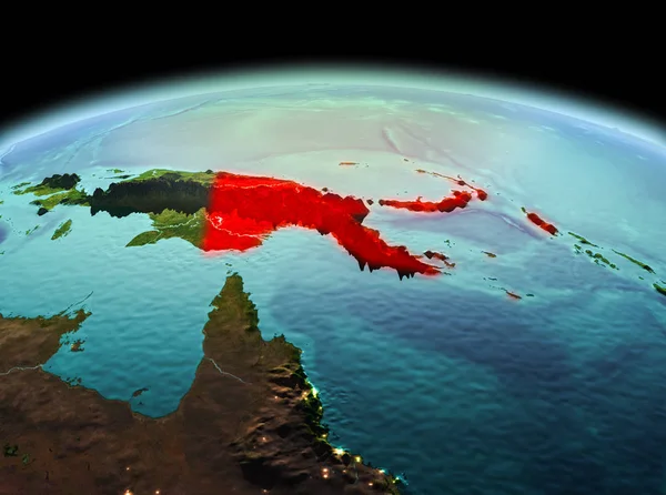 Sabah yukarıda Papua Yeni Gine modeli gezegeninin uzaydaki bir kırmızı vurgulanır. 3D çizim. Nasa tarafından döşenmiş bu görüntü unsurları.