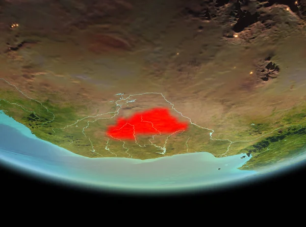 Son derece detaylı yüzey dokuları ile gece Dünya gezegeninin yörüngeden Burkina Faso. 3D çizim. Nasa tarafından döşenmiş bu görüntü unsurları.