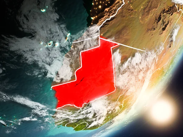 Moritanya son derece detaylı yüzey dokuları ve görünür ülke sınırları ile uzaydan. 3D çizim. Nasa tarafından döşenmiş bu görüntü unsurları.