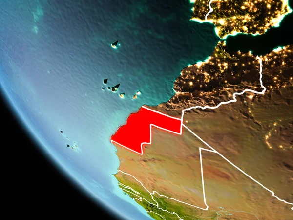Batı Sahra görünür kenarlık çizgisi ve şehir ışıkları ile son derece detaylı yüzey dokuları ile gece Dünya gezegeninin yörüngeden. 3D çizim. Nasa tarafından döşenmiş bu görüntü unsurları.