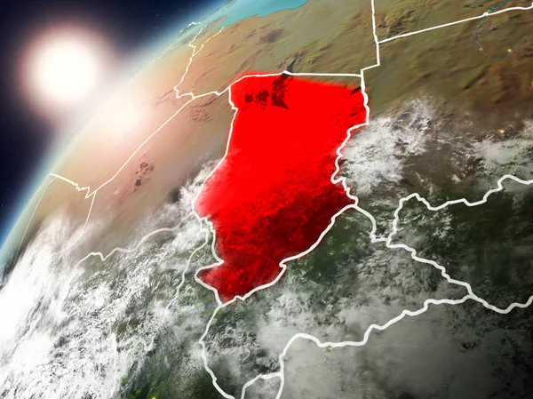 Chad red Planet Earth bulutlar ve görünür ülke sınırları ile vurgulanmış günbatımı sırasında. 3D çizim. Nasa tarafından döşenmiş bu görüntü unsurları.