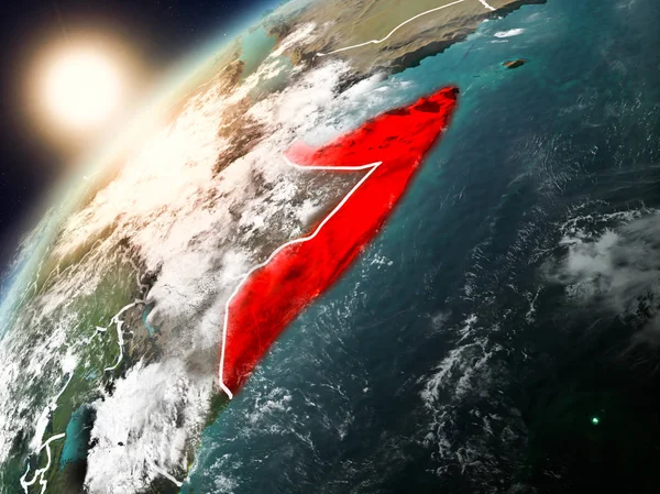 Somali red Planet Earth bulutlar ve görünür ülke sınırları ile vurgulanmış günbatımı sırasında. 3D çizim. Nasa tarafından döşenmiş bu görüntü unsurları.