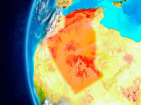 Planet Earth bulutlar ve atmosfer ile uzaydan görüldüğü gibi Cezayir haritası. 3D çizim. Nasa tarafından döşenmiş bu görüntü unsurları.