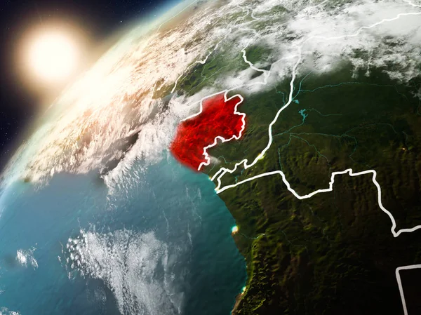 Gabon red Planet Earth bulutlar ve görünür ülke sınırları ile vurgulanmış günbatımı sırasında. 3D çizim. Nasa tarafından döşenmiş bu görüntü unsurları.