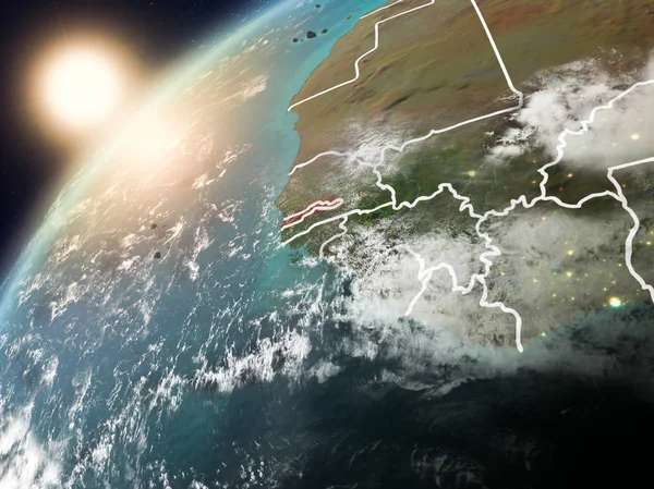 Gambiya red Planet Earth bulutlar ve görünür ülke sınırları ile vurgulanmış günbatımı sırasında. 3D çizim. Nasa tarafından döşenmiş bu görüntü unsurları.