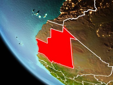 Moritanya görünür kenarlık çizgisi ve şehir ışıkları ile son derece detaylı yüzey dokuları ile gece Dünya gezegeninin yörüngeden. 3D çizim. Nasa tarafından döşenmiş bu görüntü unsurları.