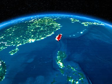 Yörünge görünümü Tayvan kırmızı görünür sınır çizgileri ve şehir ışıkları Planet Earth geceleri altını çizdi. 3D çizim. Nasa tarafından döşenmiş bu görüntü unsurları.