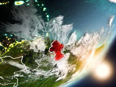 Guyana son derece detaylı yüzey dokuları ve görünür ülke sınırları ile uzaydan. 3D çizim. Nasa tarafından döşenmiş bu görüntü unsurları.