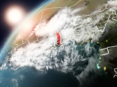 Togo red Planet Earth bulutlar ve görünür ülke sınırları ile vurgulanmış günbatımı sırasında. 3D çizim. Nasa tarafından döşenmiş bu görüntü unsurları.