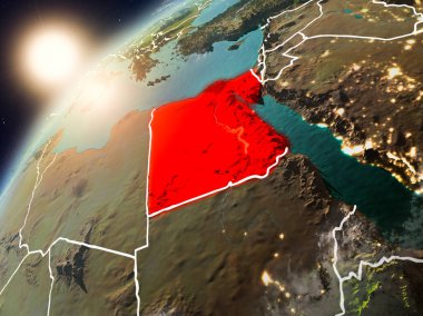 Mısır red Planet Earth bulutlar ve görünür ülke sınırları ile vurgulanmış günbatımı sırasında. 3D çizim. Nasa tarafından döşenmiş bu görüntü unsurları.