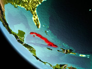 Küba'dan son derece detaylı yüzey dokuları görünür kenarlık çizgileri ve şehir ışıkları ile gece Dünya gezegeninin yörüngesinde. 3D çizim. Nasa tarafından döşenmiş bu görüntü unsurları.