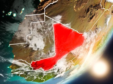 Mali son derece detaylı yüzey dokuları ve görünür ülke sınırları ile uzaydan. 3D çizim. Nasa tarafından döşenmiş bu görüntü unsurları.