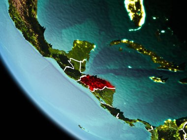 Honduras son derece detaylı yüzey dokuları görünür kenarlık çizgileri ve şehir ışıkları ile gece Dünya gezegeninin yörüngeden. 3D çizim. Nasa tarafından döşenmiş bu görüntü unsurları.