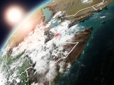 Cibuti red Planet Earth bulutlar ve görünür ülke sınırları ile vurgulanmış günbatımı sırasında. 3D çizim. Nasa tarafından döşenmiş bu görüntü unsurları.