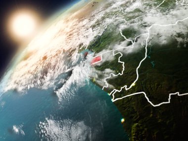 Ekvator Ginesi red Planet Earth bulutlar ve görünür ülke sınırları ile vurgulanmış günbatımı sırasında. 3D çizim. Nasa tarafından döşenmiş bu görüntü unsurları.