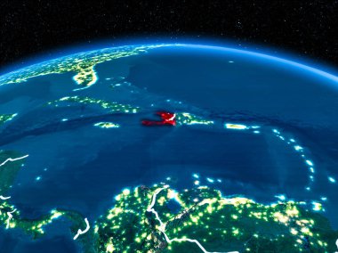 Yörünge görünümü Haiti kırmızı görünür sınır çizgileri ve şehir ışıkları Planet Earth geceleri altını çizdi. 3D çizim. Nasa tarafından döşenmiş bu görüntü unsurları.