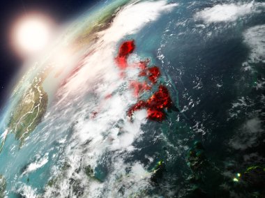 Filipinler red Planet Earth bulutlar ve görünür ülke sınırları ile vurgulanmış günbatımı sırasında. 3D çizim. Nasa tarafından döşenmiş bu görüntü unsurları.