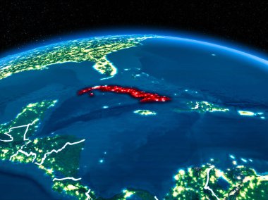 Yörünge görünümü Küba'nın kırmızı görünür sınır çizgileri ve şehir ışıkları Planet Earth geceleri altını çizdi. 3D çizim. Nasa tarafından döşenmiş bu görüntü unsurları.