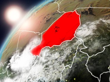 Nijer red Planet Earth bulutlar ve görünür ülke sınırları ile vurgulanmış günbatımı sırasında. 3D çizim. Nasa tarafından döşenmiş bu görüntü unsurları.