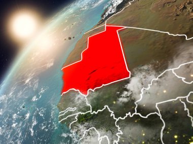 Moritanya red Planet Earth bulutlar ve görünür ülke sınırları ile vurgulanmış günbatımı sırasında. 3D çizim. Nasa tarafından döşenmiş bu görüntü unsurları.