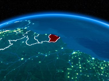 Fransız Guyanası görünümünü yörünge kırmızı görünür sınır çizgileri ve şehir ışıkları Planet Earth geceleri altını çizdi. 3D çizim. Nasa tarafından döşenmiş bu görüntü unsurları.