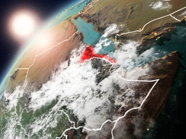Eritre red Planet Earth bulutlar ve görünür ülke sınırları ile vurgulanmış günbatımı sırasında. 3D çizim. Nasa tarafından döşenmiş bu görüntü unsurları.