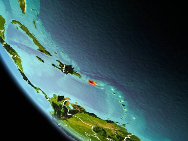 Son derece detaylı yüzey dokuları görünür kenarlık çizgileri ve şehir ışıkları ile gece Dünya gezegeninin yörüngeden Puerto Rico. 3D çizim. Nasa tarafından döşenmiş bu görüntü unsurları.