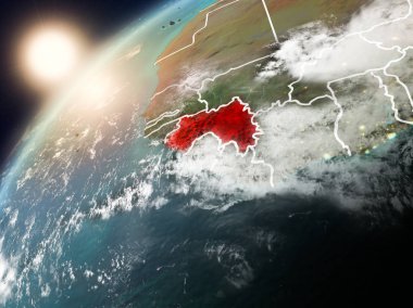 Gine kırmızı Planet Earth bulutlar ve görünür ülke sınırları ile vurgulanan günbatımı sırasında. 3D çizim. Nasa tarafından döşenmiş bu görüntü unsurları.