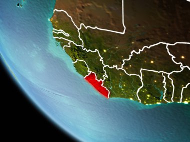 Liberya görünür kenarlık çizgisi ve şehir ışıkları ile son derece detaylı yüzey dokuları ile gece Dünya gezegeninin yörüngeden. 3D çizim. Nasa tarafından döşenmiş bu görüntü unsurları.