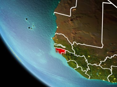 Gine-Bissau görünür kenarlık çizgisi ve şehir ışıkları ile son derece detaylı yüzey dokuları ile gece Dünya gezegeninin yörüngeden. 3D çizim. Nasa tarafından döşenmiş bu görüntü unsurları.