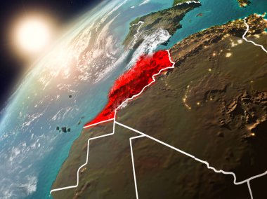 Fas red Planet Earth bulutlar ve görünür ülke sınırları ile vurgulanmış günbatımı sırasında. 3D çizim. Nasa tarafından döşenmiş bu görüntü unsurları.