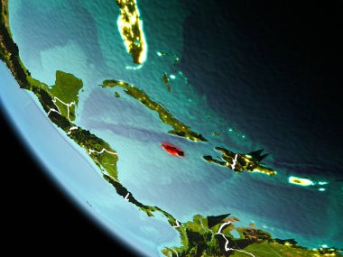 Son derece detaylı yüzey dokuları görünür kenarlık çizgileri ve şehir ışıkları ile gece Dünya gezegeninin yörüngesine Jamaika'dan. 3D çizim. Nasa tarafından döşenmiş bu görüntü unsurları.