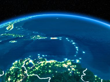 Yörünge görünümü Porto Riko kırmızı görünür sınır çizgileri ve şehir ışıkları Planet Earth geceleri altını çizdi. 3D çizim. Nasa tarafından döşenmiş bu görüntü unsurları.