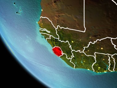 Son derece detaylı yüzey dokuları görünür kenarlık çizgileri ve şehir ışıkları ile gece Dünya gezegeninin yörüngeden Sierra Leone. 3D çizim. Nasa tarafından döşenmiş bu görüntü unsurları.