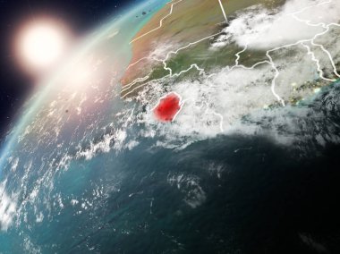 Sierra Leone red Planet Earth bulutlar ve görünür ülke sınırları ile vurgulanmış günbatımı sırasında. 3D çizim. Nasa tarafından döşenmiş bu görüntü unsurları.