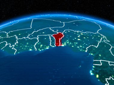 Benin görünümünü yörünge kırmızı görünür sınır çizgileri ve şehir ışıkları Planet Earth geceleri altını çizdi. 3D çizim. Nasa tarafından döşenmiş bu görüntü unsurları.