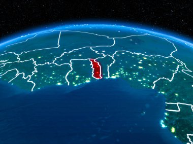Yörünge görünümü Togo kırmızı görünür sınır çizgileri ve şehir ışıkları Planet Earth geceleri altını çizdi. 3D çizim. Nasa tarafından döşenmiş bu görüntü unsurları.