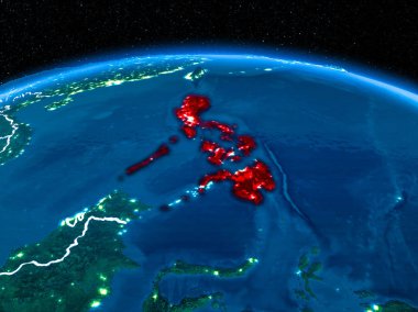 Yörünge görünümü, Filipinler kırmızı görünür sınır çizgileri ve şehir ışıkları Planet Earth geceleri altını çizdi. 3D çizim. Nasa tarafından döşenmiş bu görüntü unsurları.