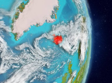 Alan görünümünü İzlanda Planet Earth atmosfer ile kırmızı vurgulanır. 3D çizim. Nasa tarafından döşenmiş bu görüntü unsurları.