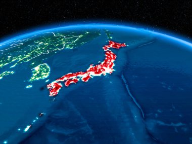 Yörünge görünümü Japonya'nın kırmızı görünür sınır çizgileri ve şehir ışıkları Planet Earth geceleri altını çizdi. 3D çizim. Nasa tarafından döşenmiş bu görüntü unsurları.