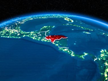 Yörünge görünümü Honduras kırmızı görünür sınır çizgileri ve şehir ışıkları Planet Earth geceleri altını çizdi. 3D çizim. Nasa tarafından döşenmiş bu görüntü unsurları.