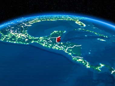 Yörünge görünümü Belize kırmızı görünür sınır çizgileri ve şehir ışıkları Planet Earth geceleri altını çizdi. 3D çizim. Nasa tarafından döşenmiş bu görüntü unsurları.